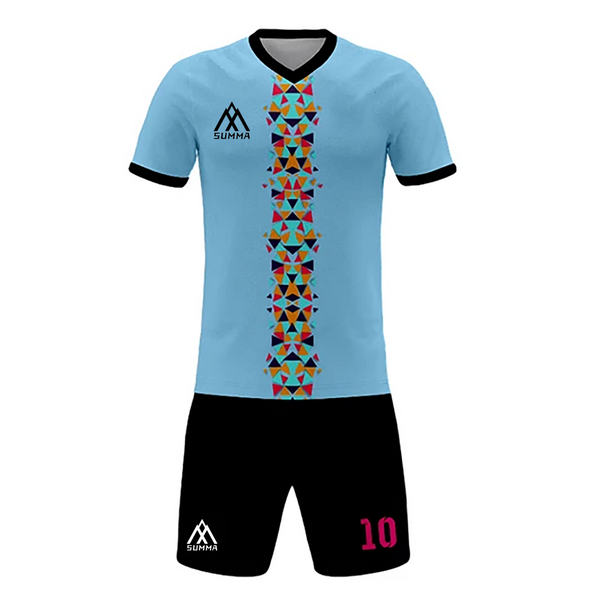 Summa Drive Triangle Stripe Soccer Shirt and Short Sublimation Football Wear Blue/Black With Triangle Design